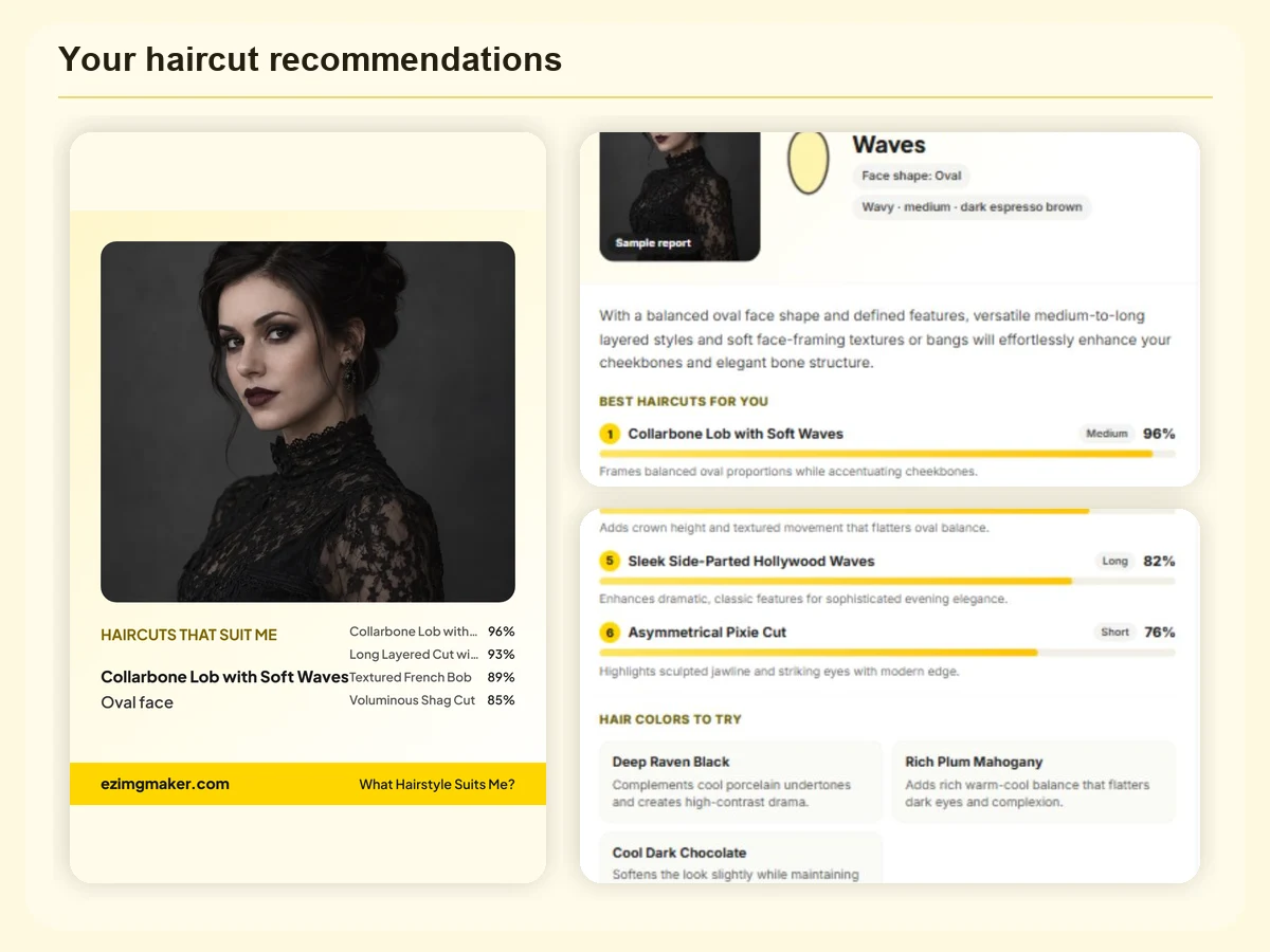Sample what hairstyle suits me report: an oval face with six haircuts ranked by match score and three hair colors to try