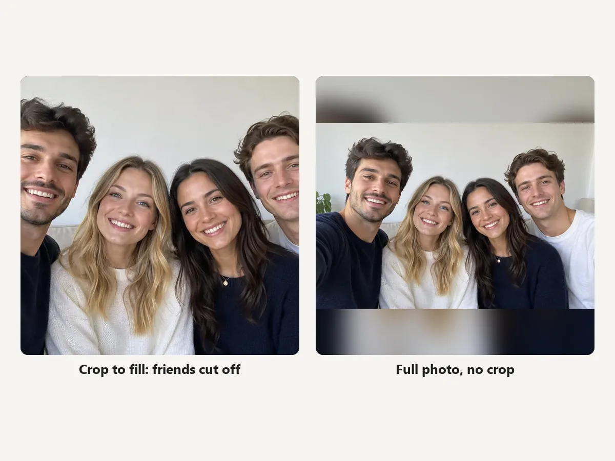 A group selfie as a cropped square DP with friends cut off, and as a full-photo DP with no crop