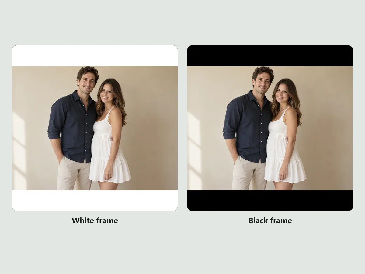 A couple photo placed inside a white square frame and a black square frame for WhatsApp