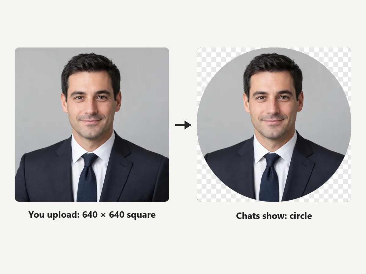 A 640x640 square WhatsApp profile picture next to the circle that chats display
