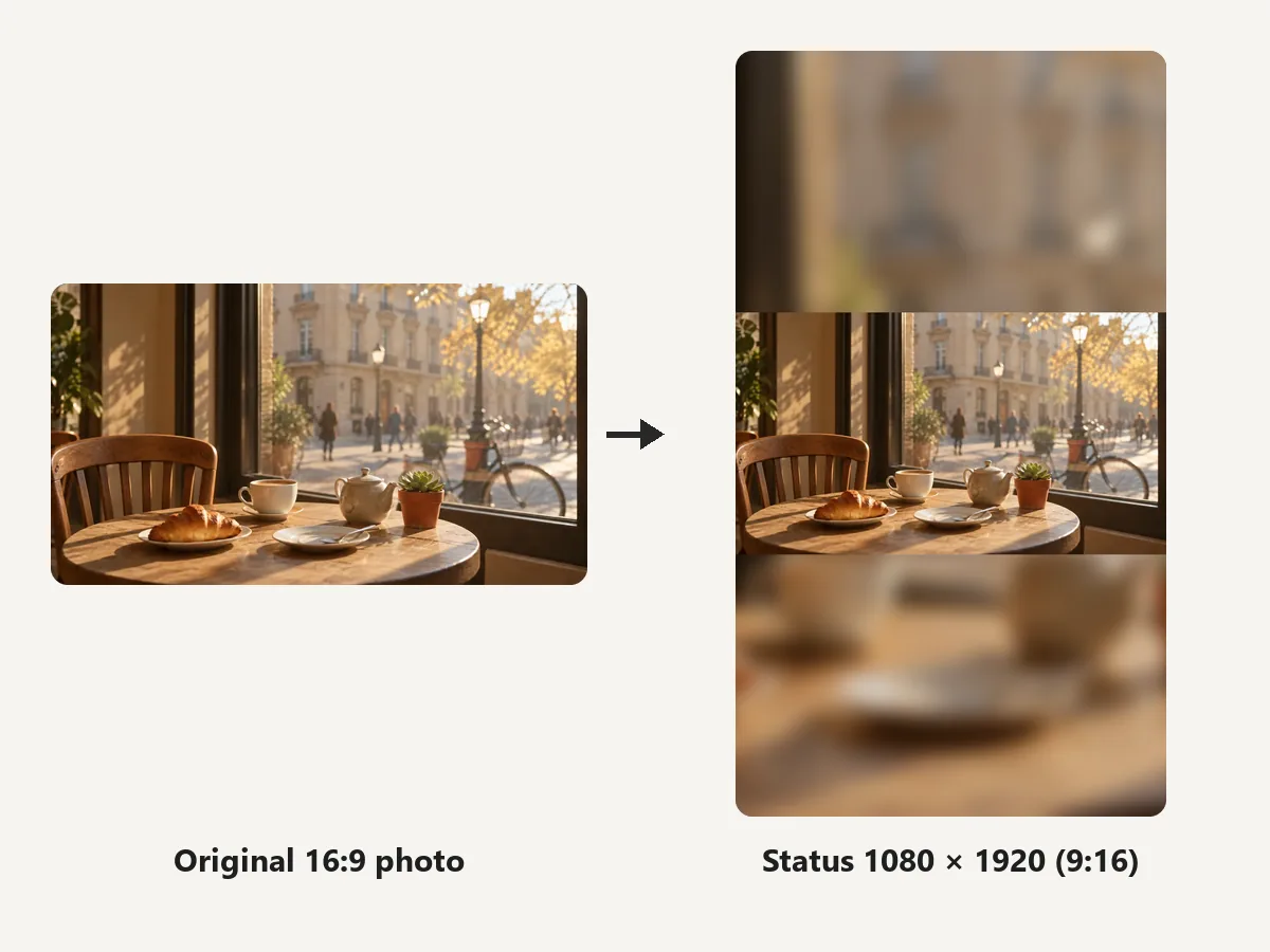 A 16:9 cafe photo turned into a full-screen 1080x1920 WhatsApp status with blurred edges