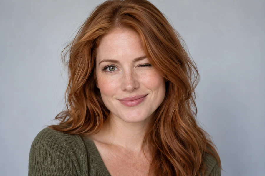 Drag to compare the red-haired woman looking at the camera and the same photo with a wink and a smile (after)
