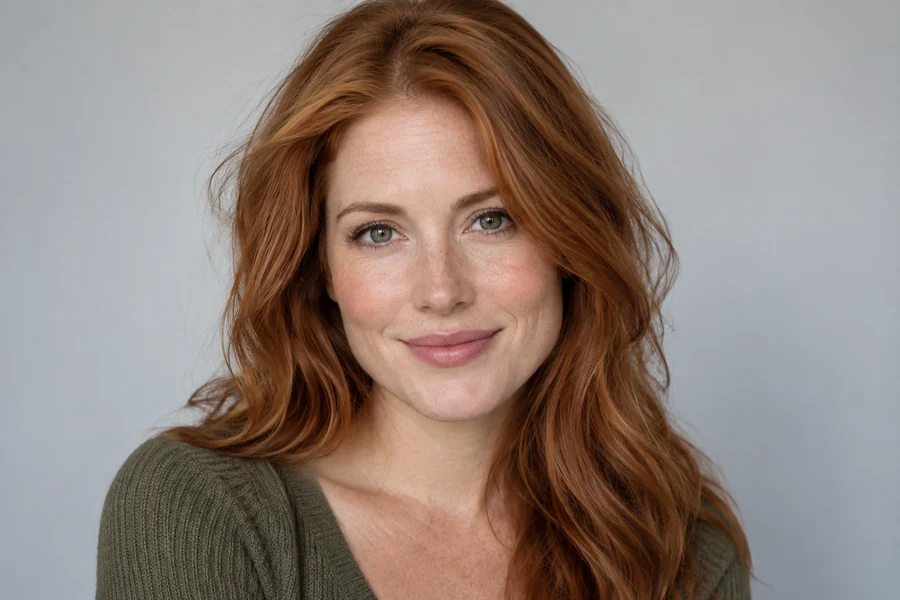 Drag to compare the red-haired woman looking at the camera and the same photo with a wink and a smile (before)