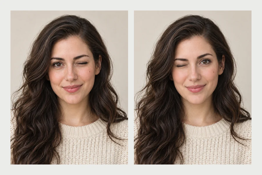 The same woman winking with her left eye and with her right eye