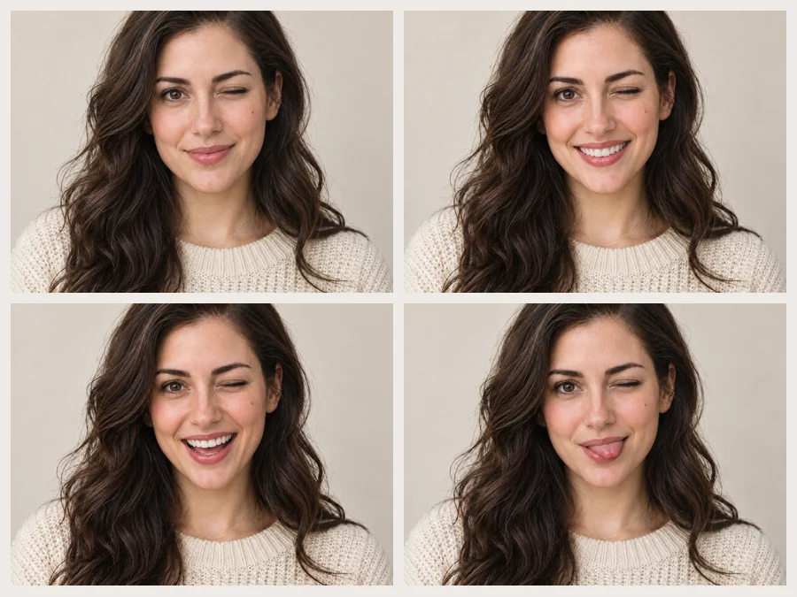 Four wink pics: a classic wink, a wink with a big grin, a laughing wink and a wink with the tongue out