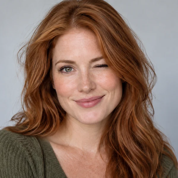 Red-haired woman winking with a soft smile