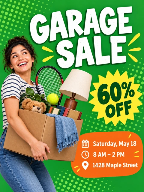 Garage sale flyer template in green with a man carrying a box of sports gear and the sale date and time