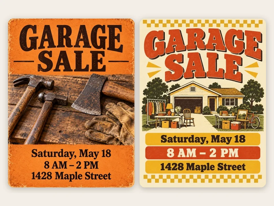 Two garage sale flyers with clear dates, times, and addresses at the bottom