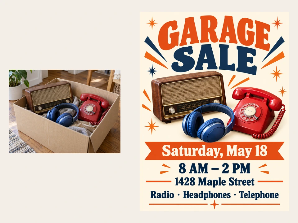 A photo of a box of radios, headphones, and a phone turned into a garage sale flyer