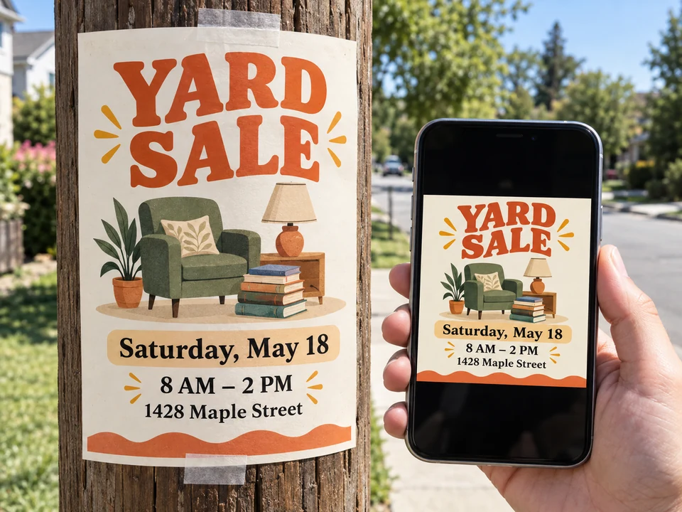 A spread of printed and social media garage sale flyers in many styles