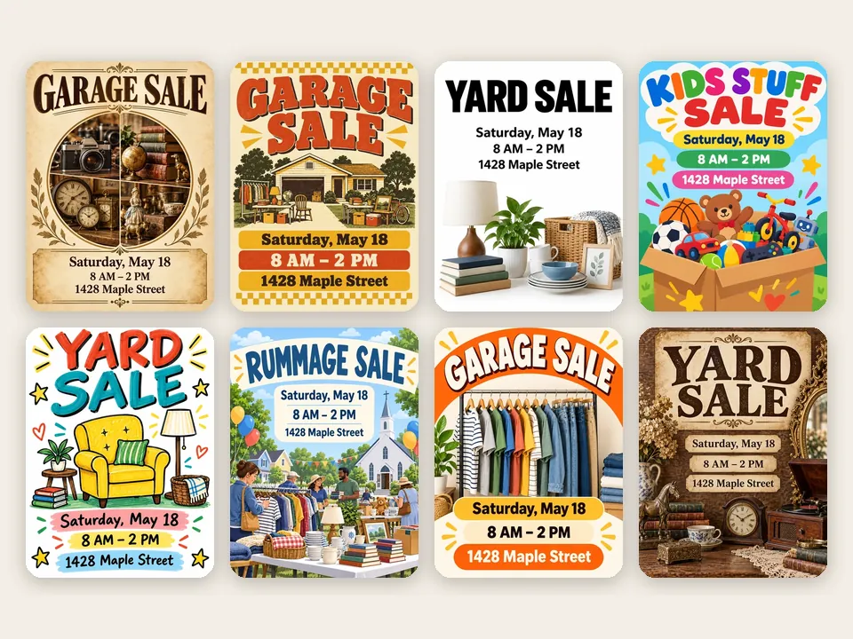 Eight garage sale flyer templates in vintage, retro, community, colorful, furniture, clothing, bold, and antique styles