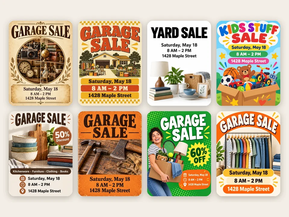 Garage sale flyers for photo, sports gear, rummage, kitchenware, tools, antique, community, and clothing sales