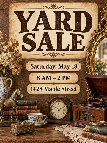 Rustic yard sale flyer with a photo of antiques and a brown detail panel