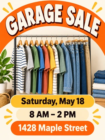 Orange garage sale flyer with jeans and shirts on a clothes rack and a 40% off badge