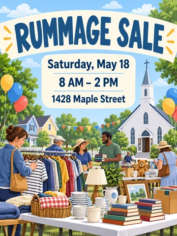 Rummage sale flyer template with a photo collage of a clothing rack and a teepee