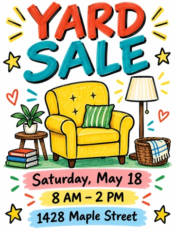 Hand-drawn style yard sale flyer with a yellow armchair and a special offer badge