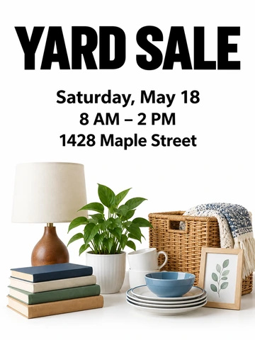 Yard sale poster template with a white text card over a photo of books and boxes