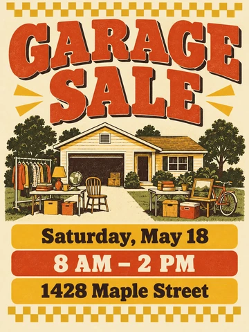 Retro garage sale flyer template with checkerboard accents and a cartoon house
