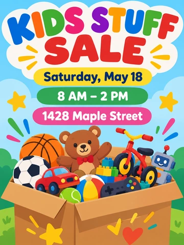 Garage sale flyer with a box of sports balls and rackets and a 50% off badge