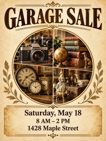 Sample yard sale flyer with vintage cameras and collectibles in a round photo on brown