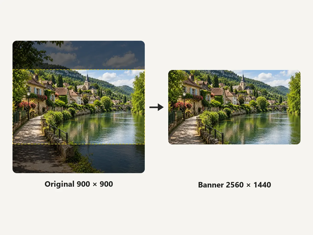 Square photo with the 16:9 banner crop marked, next to the finished 2560x1440 YouTube banner