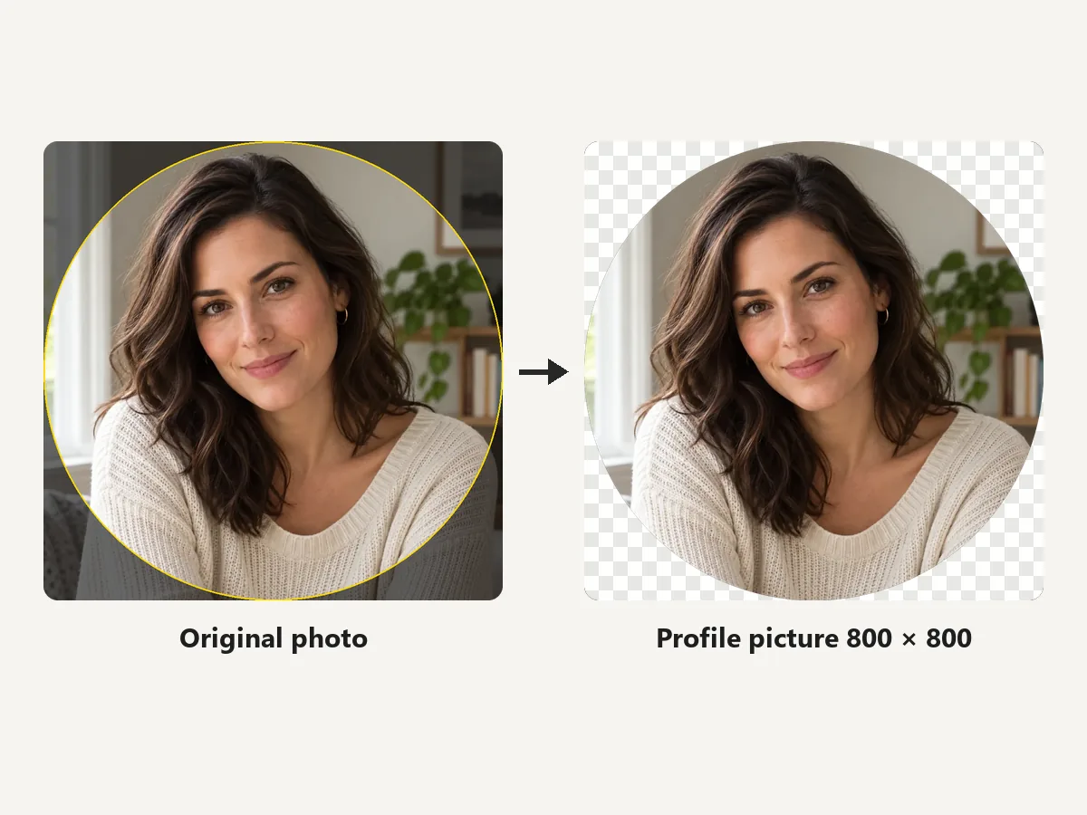 Portrait with a circular crop marked, next to the 800x800 YouTube profile picture