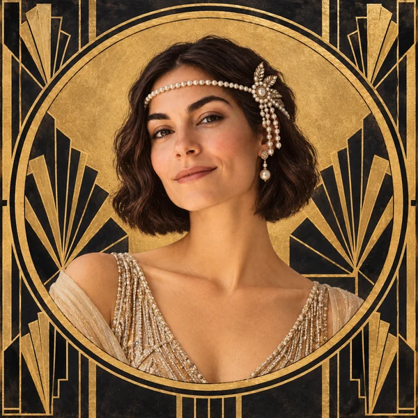 Art deco portrait of a woman with a feathered headband and pearls inside a gold ring