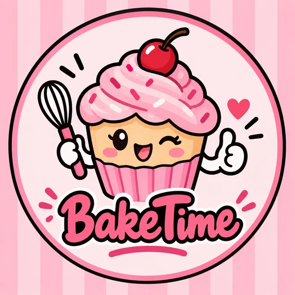 Cartoon cupcake mascot logo with the made-up baking channel name BakeTime