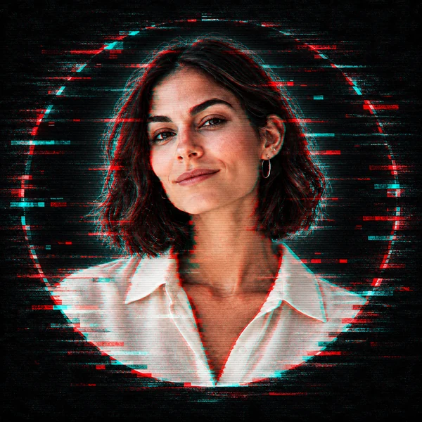 Glitch-effect portrait of a man made of red and blue light streaks on black