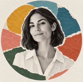 Black-and-white portrait of a woman layered with colorful paper shapes and leaves