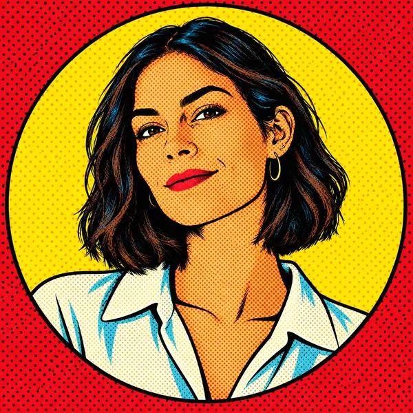 Pop art portrait of a woman inside a white circle on a colorful patterned background