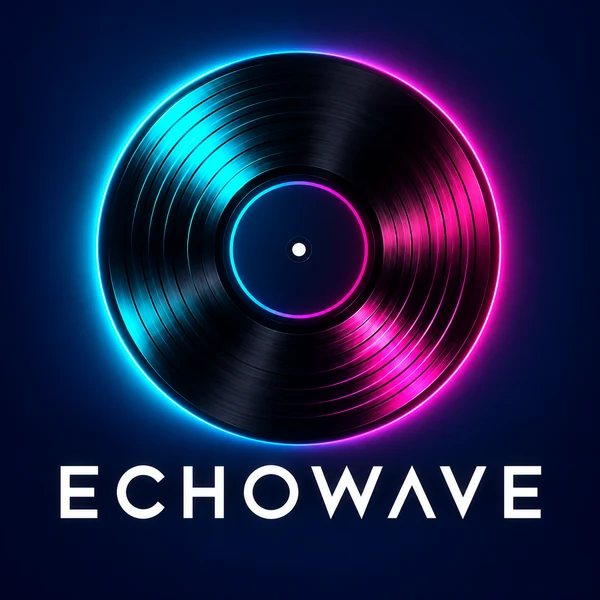 Glowing teal vinyl record logo with the made-up channel name Echowave