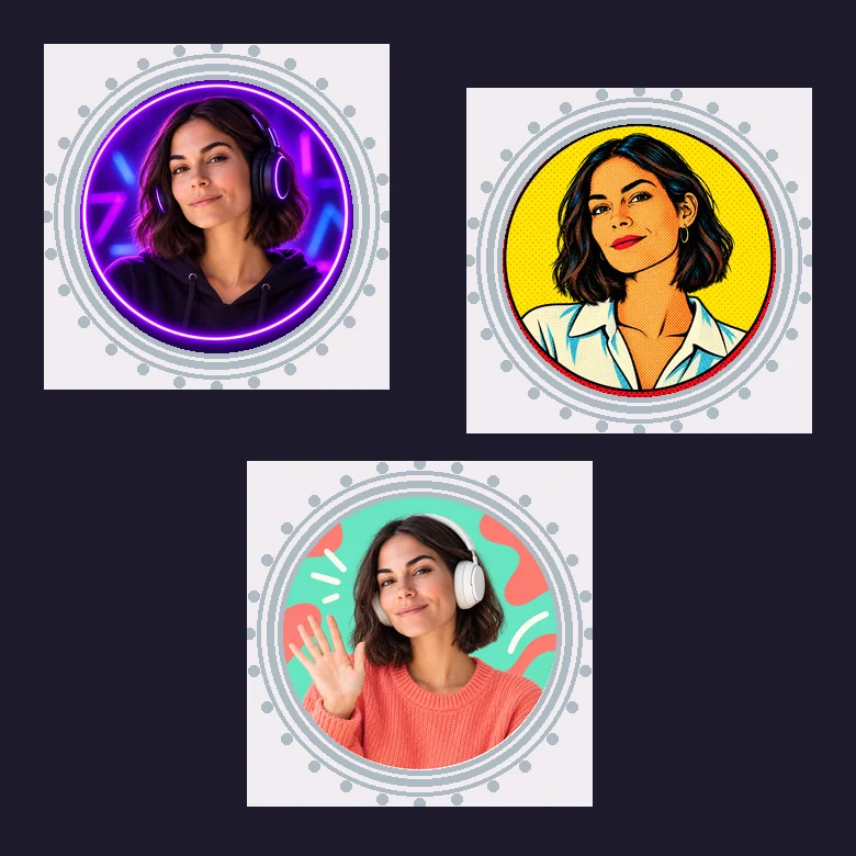 Three creator profile pictures: a VR gamer in a purple circle, a woman on a spiral background, and a photographer