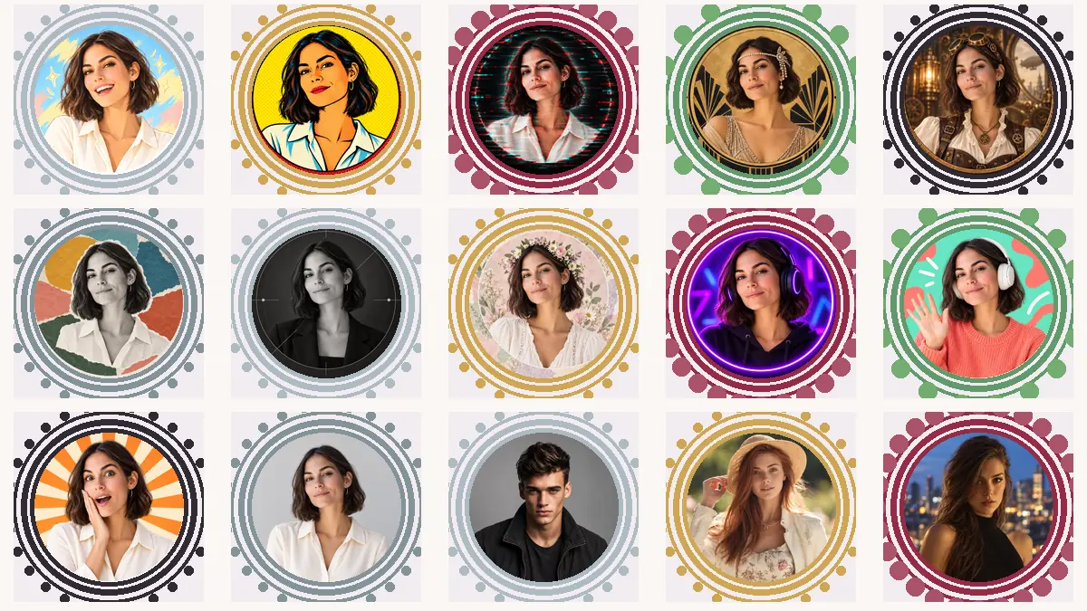 Grid of fifteen portrait profile pictures in collage, monochrome, and color-block styles