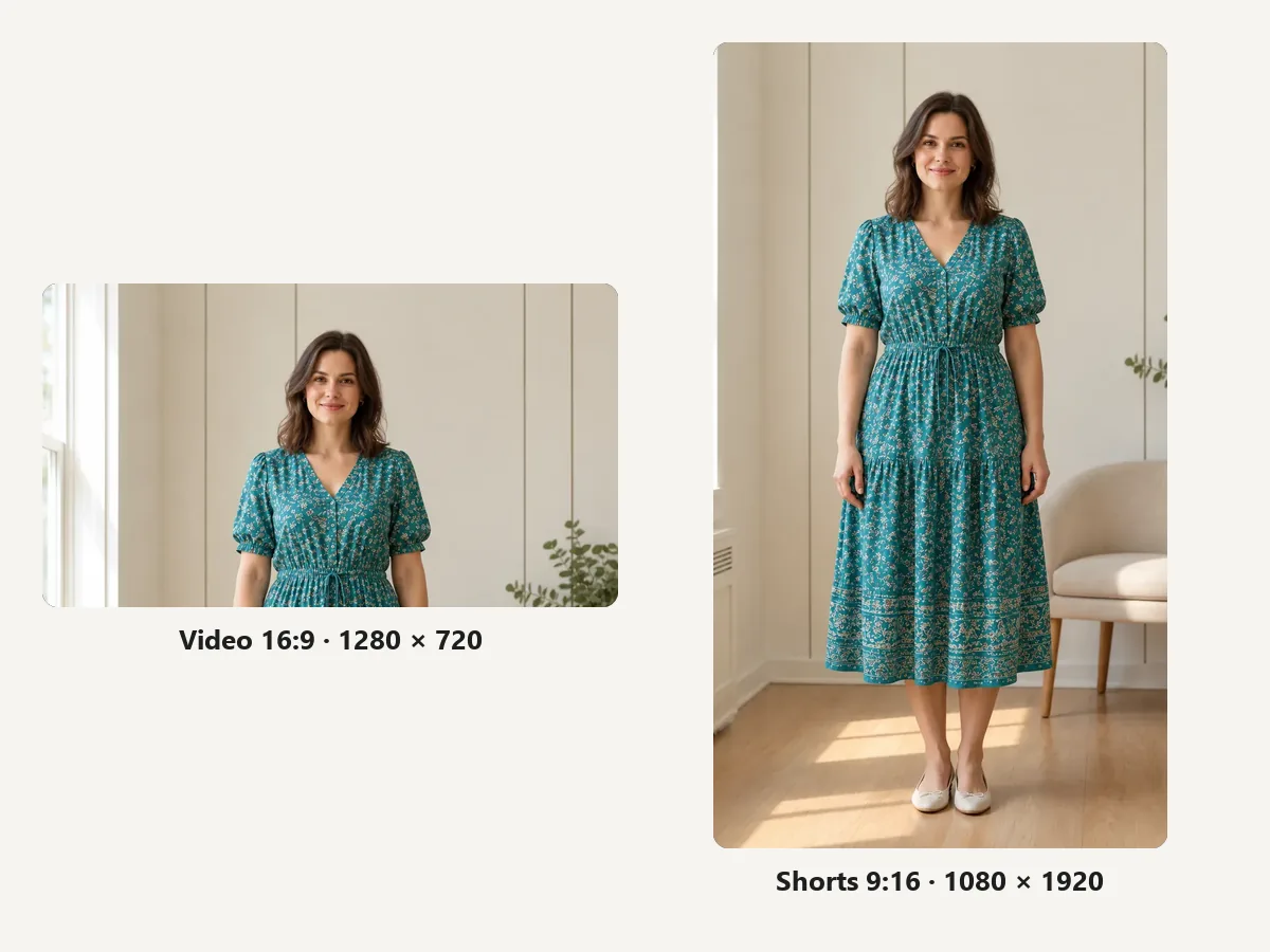 One photo resized to a 1280x720 video thumbnail and a 1080x1920 Shorts thumbnail