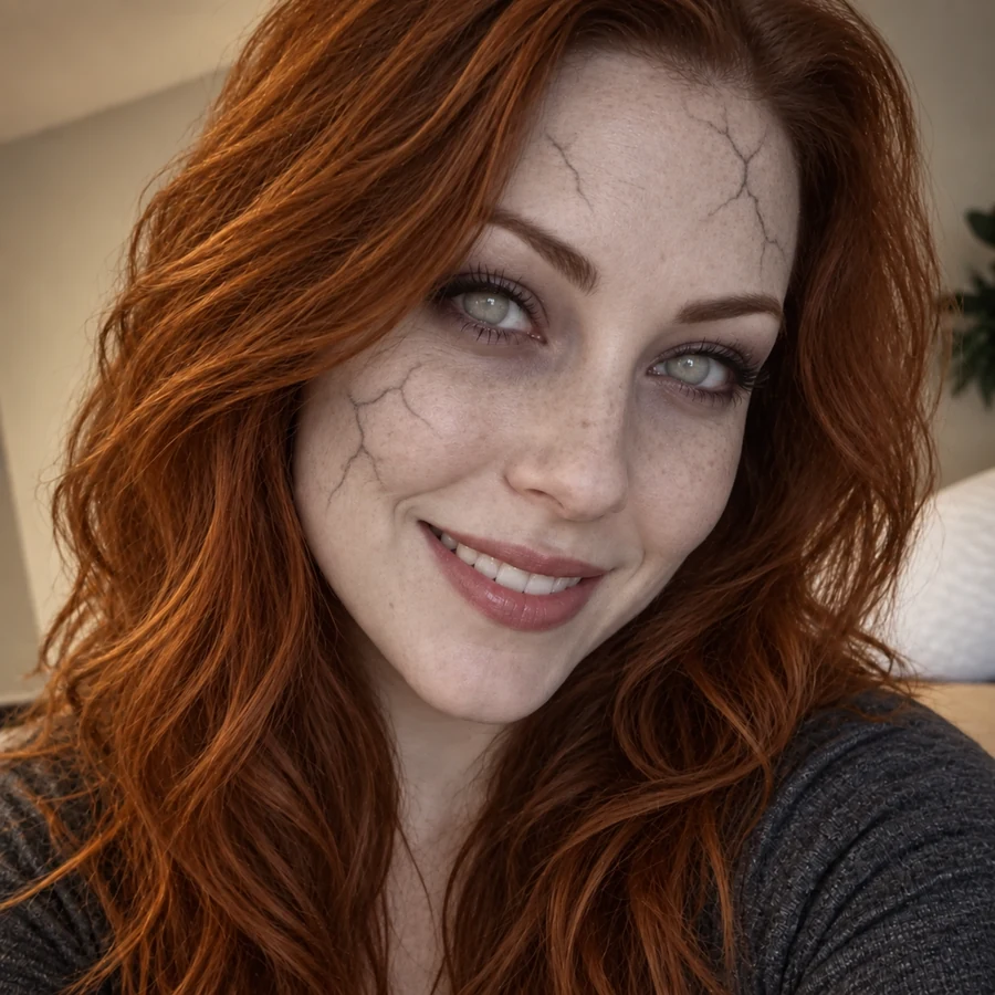 Close-up selfie of a smiling woman with red hair, pale cracked zombie skin, and cloudy eyes