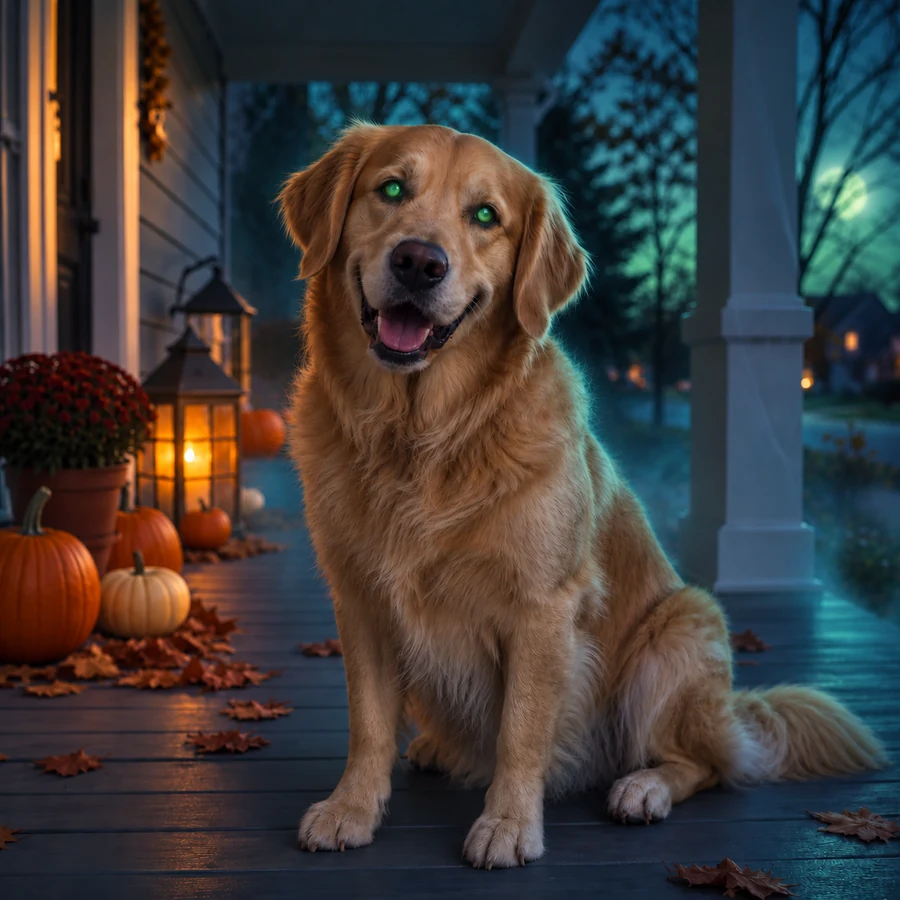 Golden retriever with glowing green eyes and a ghostly tint sitting on a porch with pumpkins