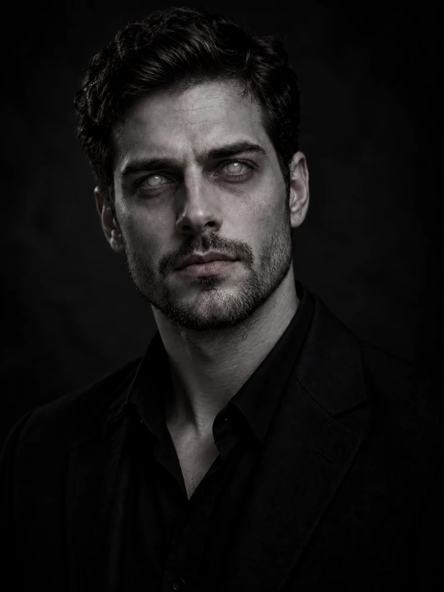 Black-and-white style portrait of a man with pale skin and cloudy zombie eyes, face shape unchanged