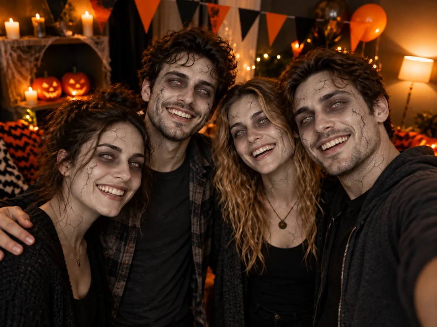 Four friends taking a selfie at a Halloween party, all with matching gentle zombie makeup